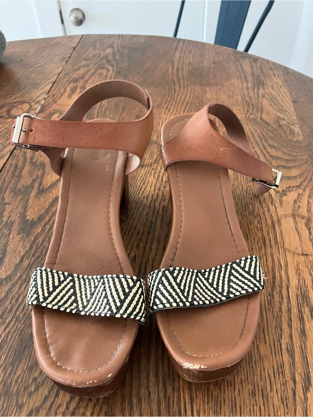 Forever 21 Brown Ankle-Strap Sandals with Black & cream Patterned Band
